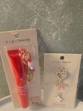 Charmed Lip Gloss - Red Cherry & Set Of 3 Charms Hang On Your Keys Or Your Bag